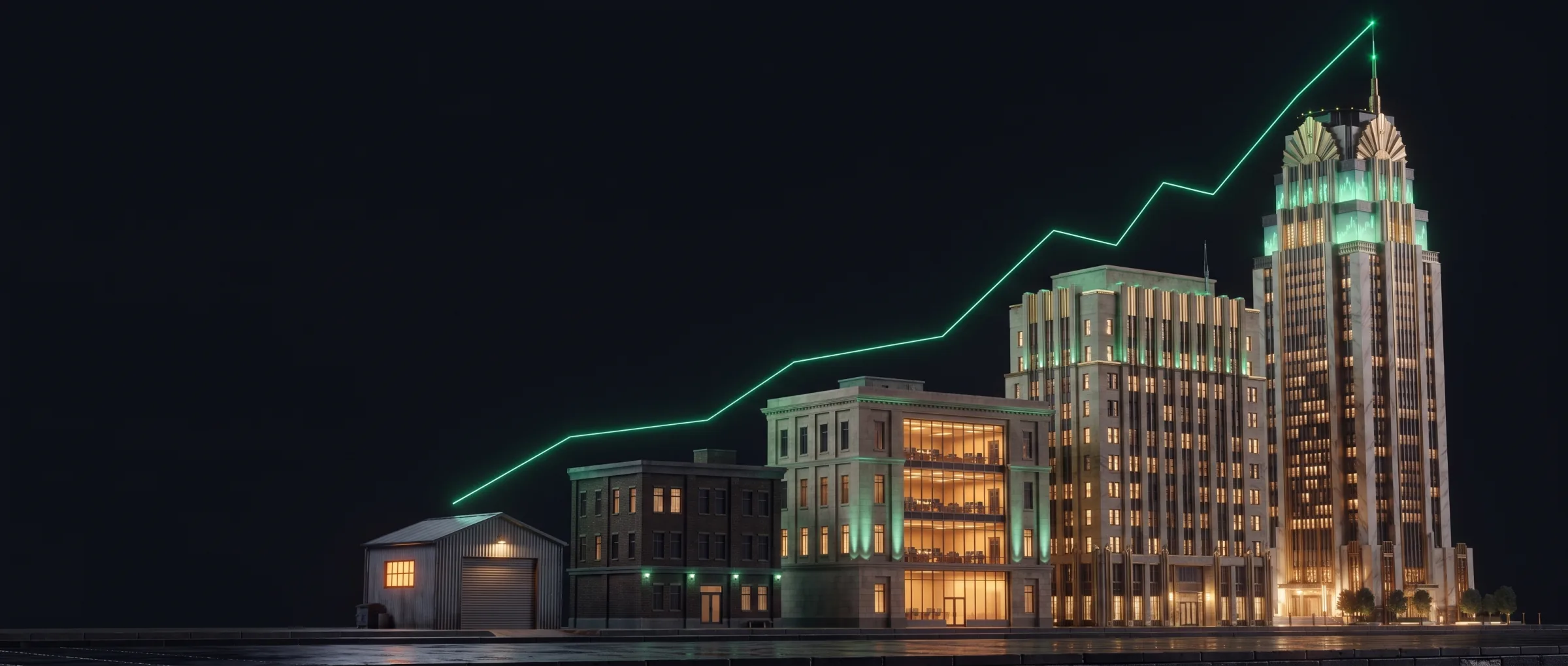 The FloorStreet ladder: garage to skyscraper at night