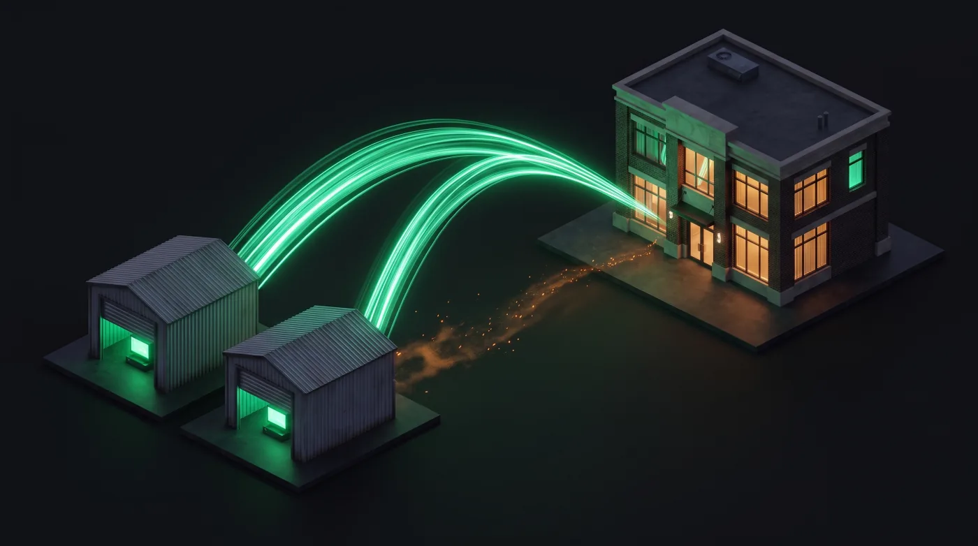 Two garages merging into a small office